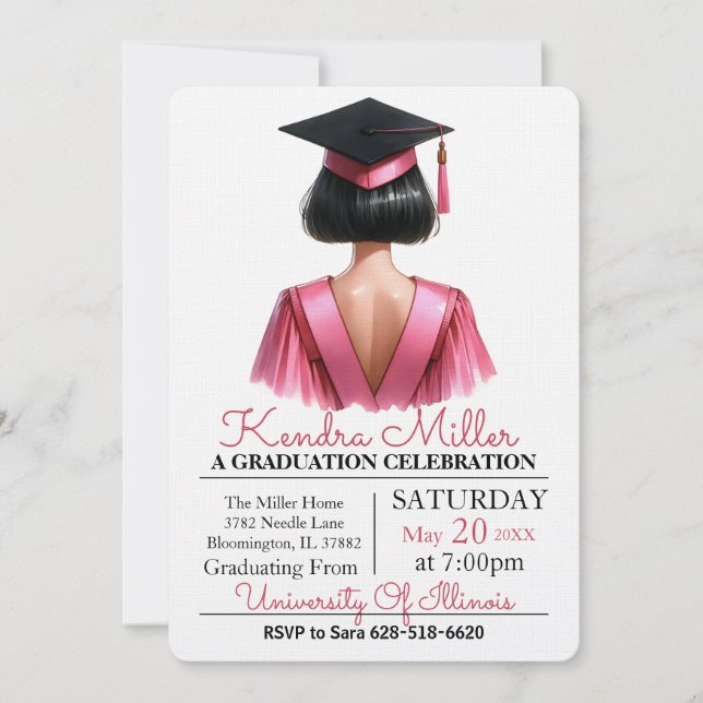 Invitation de remise des diplômes aquarelle rose e (Devant)