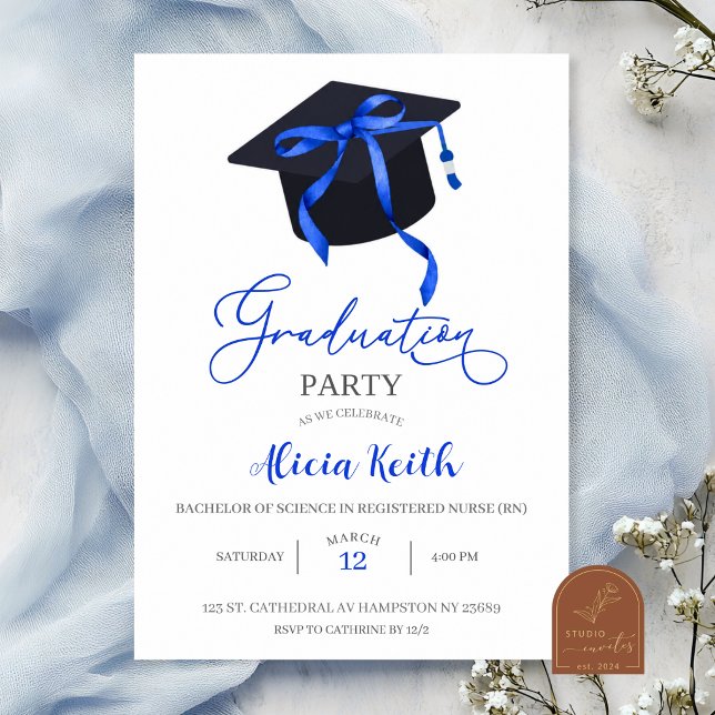 Invitation de remise des diplômes Coquette Bleu Ro (Créateur téléchargé)