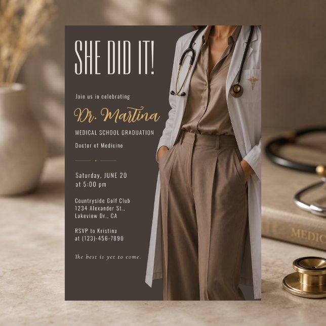 Invitation de remise des diplômes de femme médecin (Luxury female doctor graduation invitation with a modern editorial style and elegant mocha tones. 🤍)