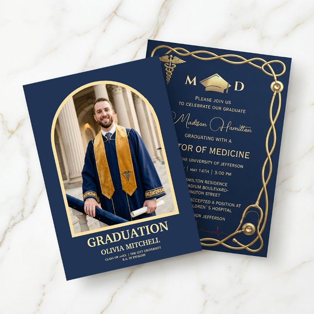 Invitation de remise des diplômes de médecine Navy (#GraduationInvitation #MedicalGraduation #DoctorOfMedicine #NavyAndGoldDesign
#LuxuryInvitation )