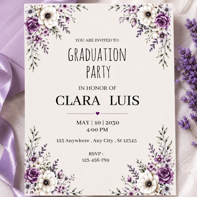 Invitation de remise des diplômes Fleurs violettes (Créateur téléchargé)