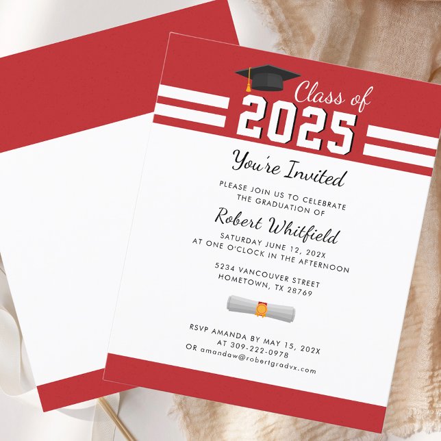 Invitation de remise des diplômes rouge Fête de fi (Modern Graduate Party 2025 Red Graduation Invitation)