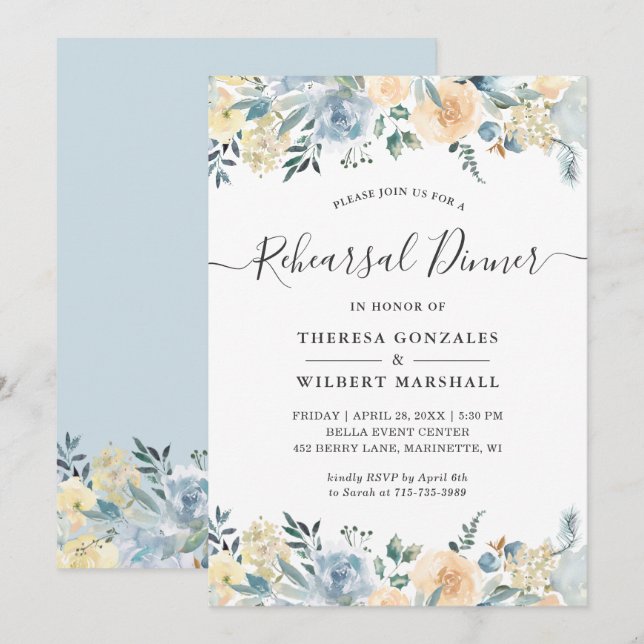 Invitation de répétition de dîner florale bleue va (Devant / Derrière)