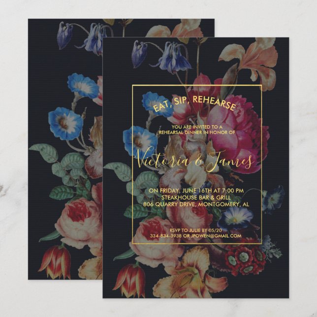 Invitation de répétition de dîner florale vintage  (Devant / Derrière)