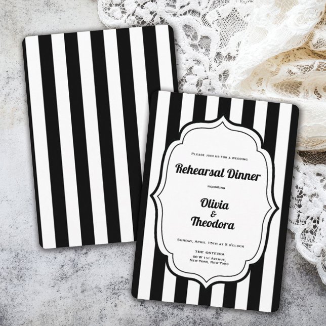 Invitation de répétition de mariage à rayures mode (vintage modern elegant black and white stripe rehearsal dinner invitation)