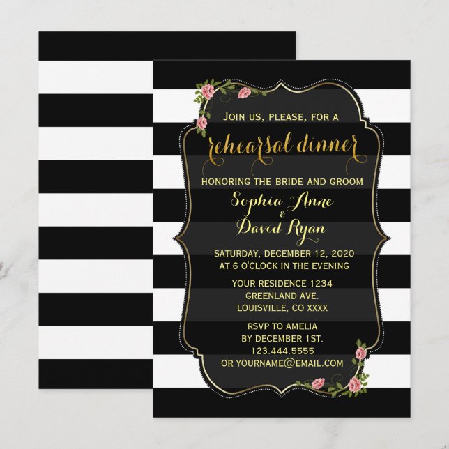 Invitation de répétition Floral Black White Stripe (Devant / Derrière)