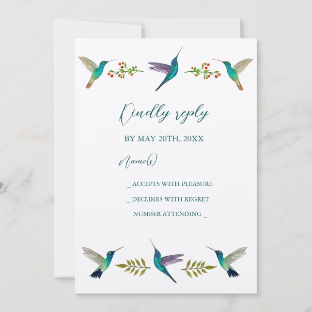 Invitation de réponse de mariage pour colibris (Devant)