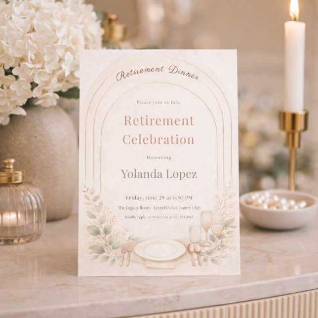 Invitation de retraite à l'arche rose (Blush arch with soft botanicals for a refined retirement dinner gathering)