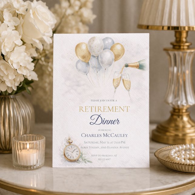Invitation de retraite au ballon doré (Gold balloon and champagne detail for a refined retirement dinner celebration)