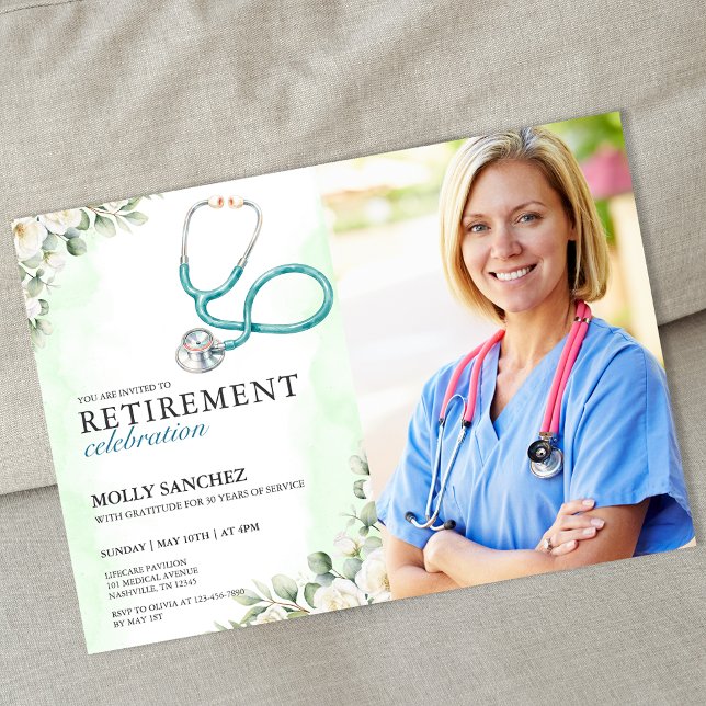 Invitation de retraite de médecin infirmière stéth (Photo Floral Stethoscope Doctor Nurse Retirement Invitation)
