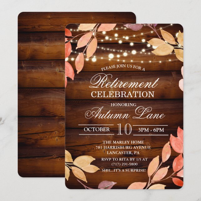 Invitation de retraite en bois rustique dentelle (Devant / Derrière)