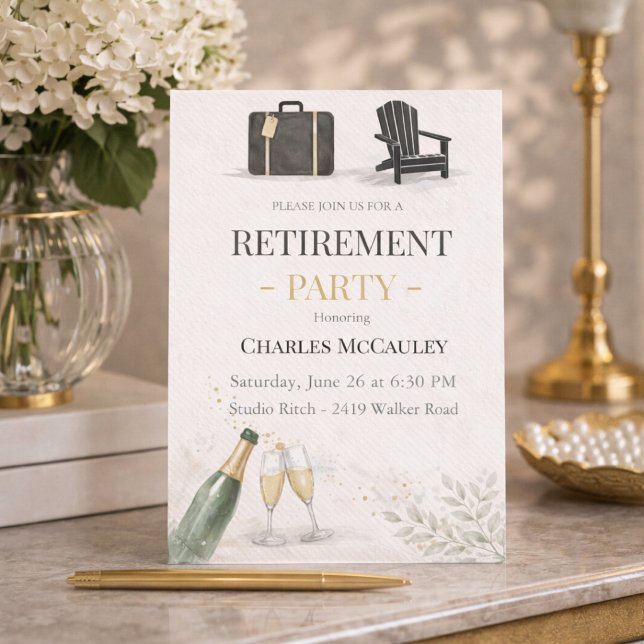 Invitation de retraite en or moderne (Modern gold retirement party invite with champagne detail and refined evening feel)