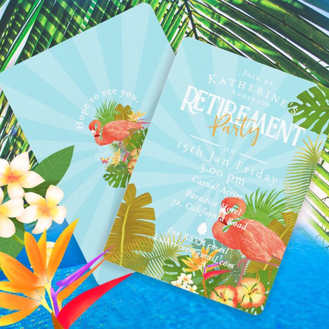 Invitation de retraite Flamingo Tropical Blue  (Flamingo Tropical Retirement Party Invitation Card.)