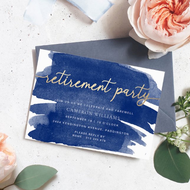 Invitation de retraite Navy Watercolour Gold (Créateur téléchargé)