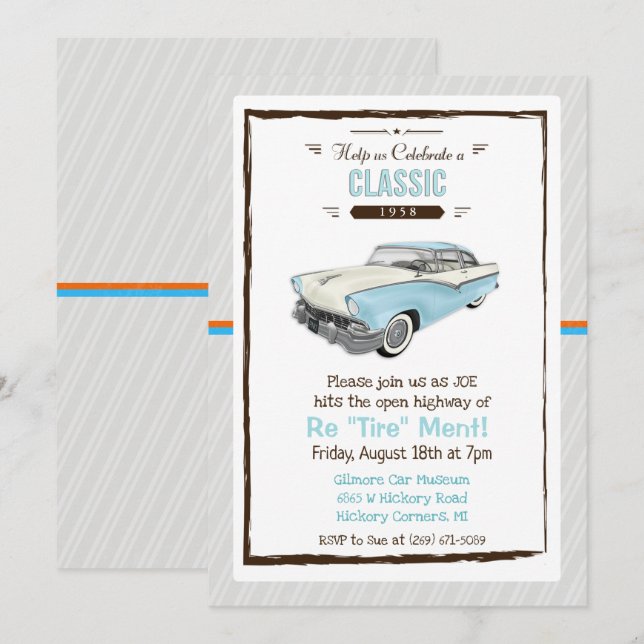 Invitation de retraite rétro de voiture classique (Devant / Derrière)