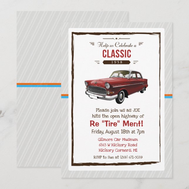 Invitation de retraite rétro de voiture classique (Devant / Derrière)