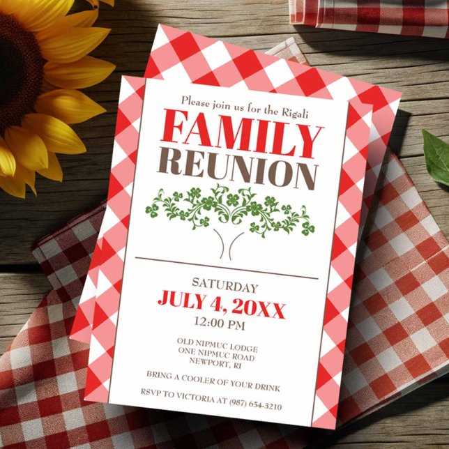 Invitation de réunion de famille rustique Pique-ni (Family reunion invitations tree and red gingham print.)