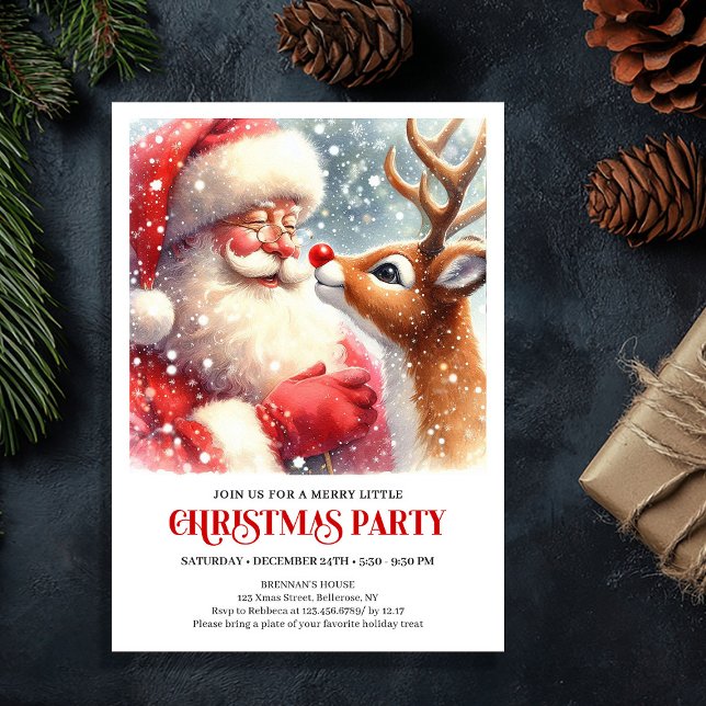 Invitation de réunion de Noël avec le Père Noël et (Cute Santa and Rudolph Christmas Gathering Invite)