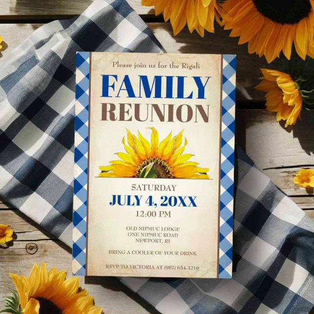 Invitation de réunion familiale, tournesol, pique- (Family reunion invitations feature sunflower and blue gingham print. )