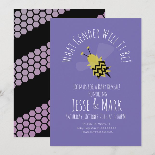 Invitation de révélation du sexe Bébé Violet Noir (Devant / Derrière)