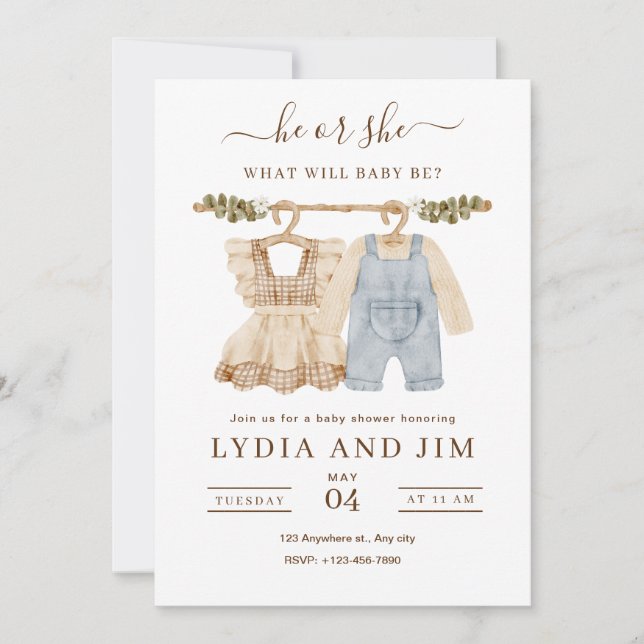 Invitation de révélation du sexe de bébé avec vête (Devant)