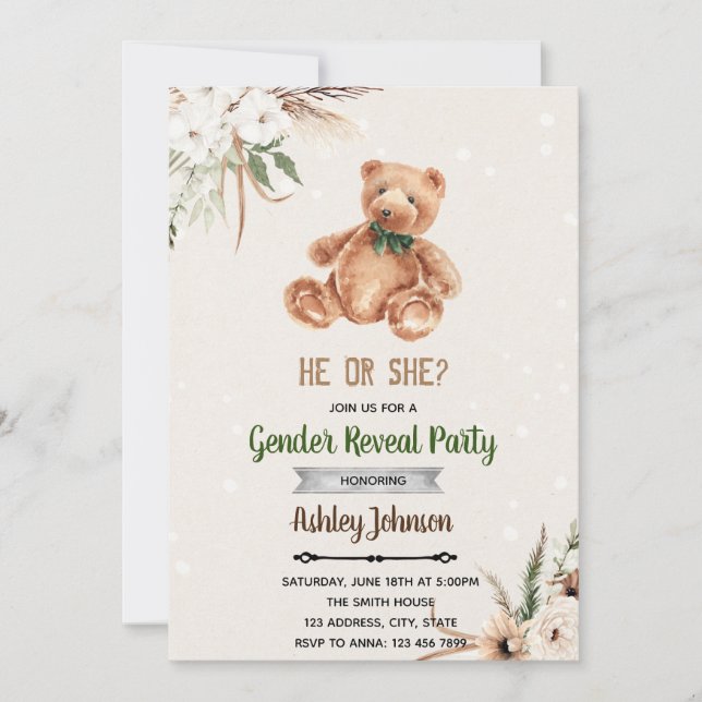 Invitation de révélation du sexe de bébé ours boho (Devant)