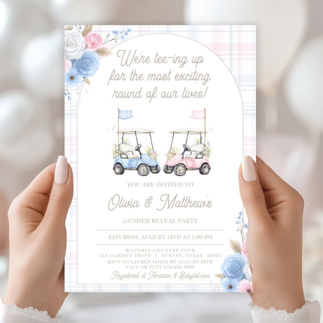 Invitation de révélation du sexe du bébé - Golf Ca (Golf Gender Reveal Invitation – Blue & Pink Golf Carts)