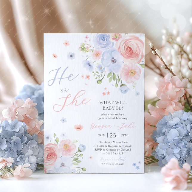 Invitation de révélation du sexe Fille ou Garçon R (He or She what will baby be? Pink Blue floral gender reveal invitation)
