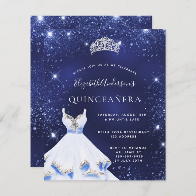 Invitation de robe à paillettes bleues pour Quince (Devant / Derrière)
