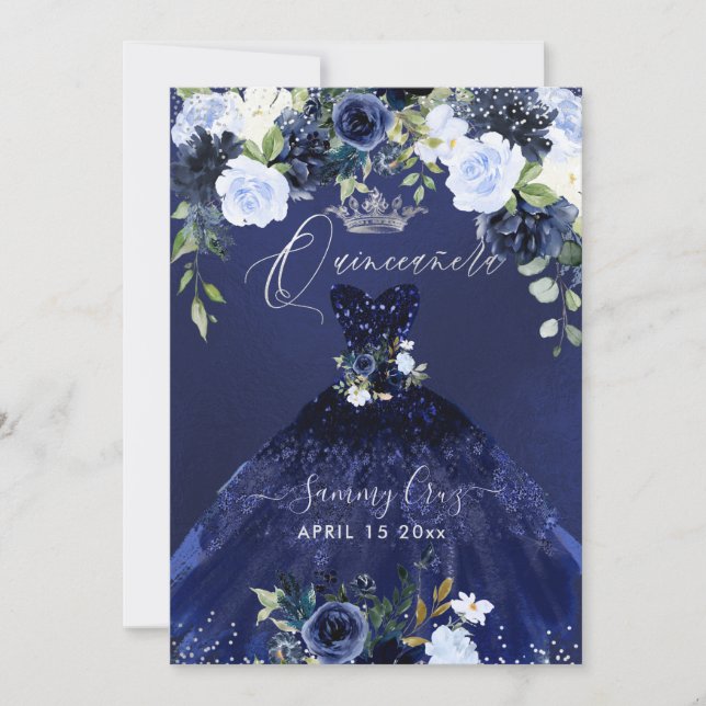 Invitation de robe de Quinceanera bleu marine aqua (Devant)