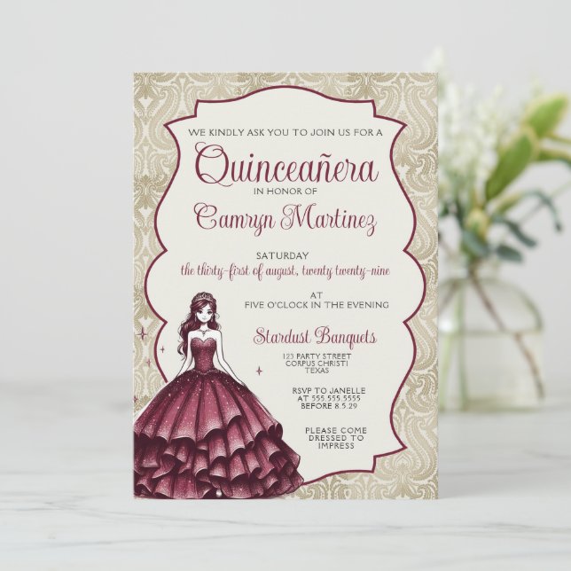 Invitation de robe de Quinceañera en Bourgogne (Debout devant)