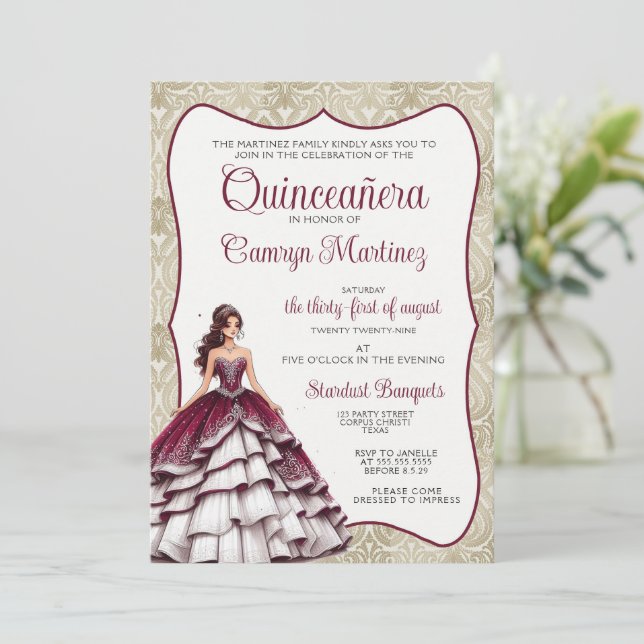Invitation de robe de Quinceañera en Bourgogne (Debout devant)