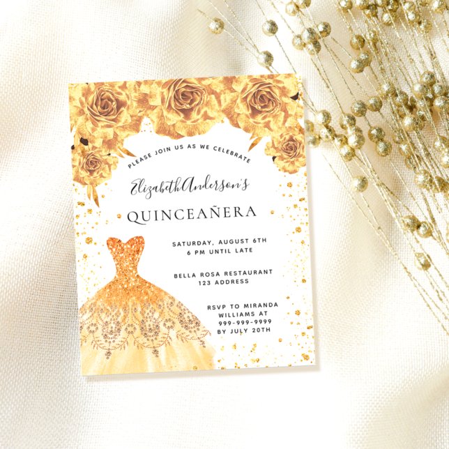 Invitation de robe dorée Quinceanera florale à pet (Créateur téléchargé)