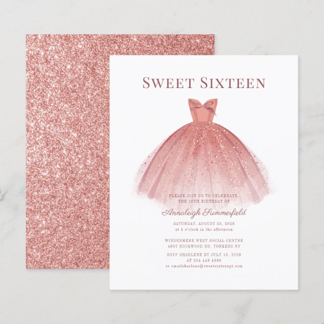 Invitation de robe douce 16 Budget Rose Or Paillet (Devant / Derrière)