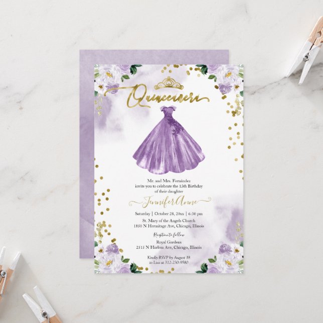 Invitation de robe florale violette pour Quinceane (Devant/Arrière en situation)