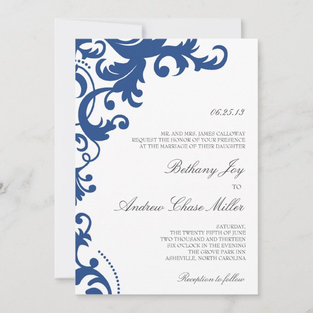 Invitation de Royal Blue Elegant Mariage damassé (Devant)