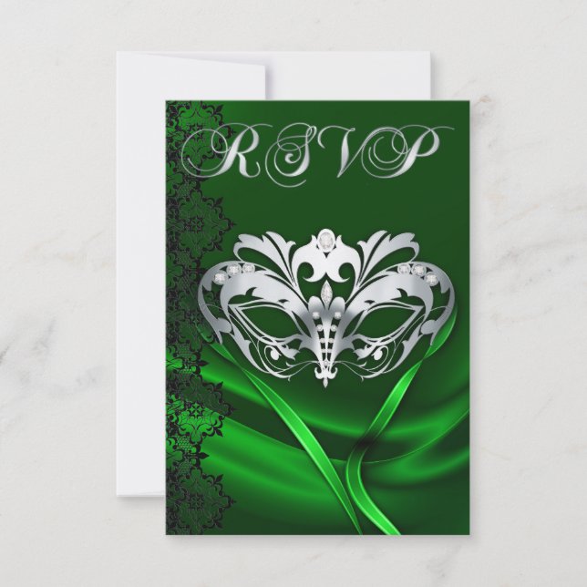 Invitation de RSVP avec masque d'argent et bijou v (Devant)