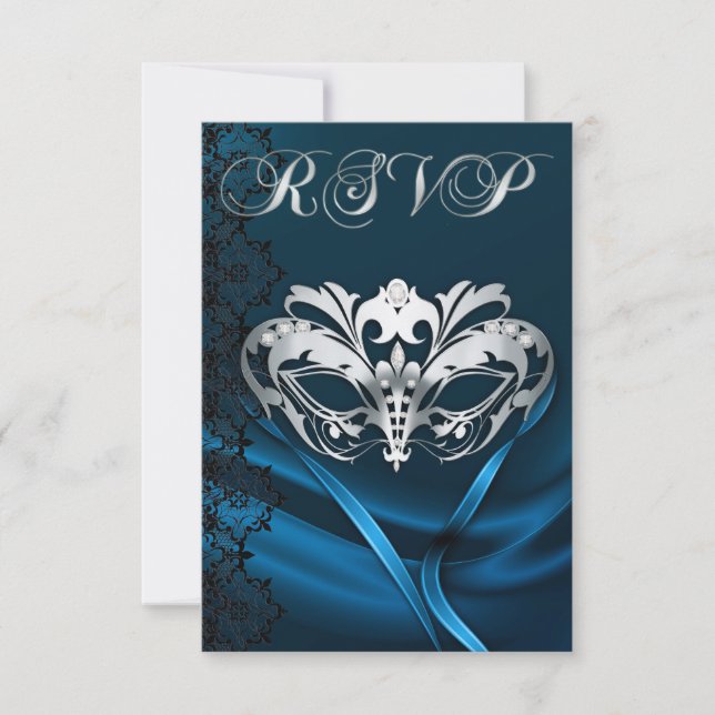 Invitation de RSVP bijou bleu Masquerade argenté (Devant)