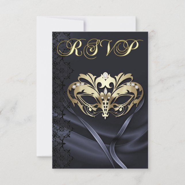 Invitation de RSVP Mascarade Or avec Bijoux Noirs (Devant)