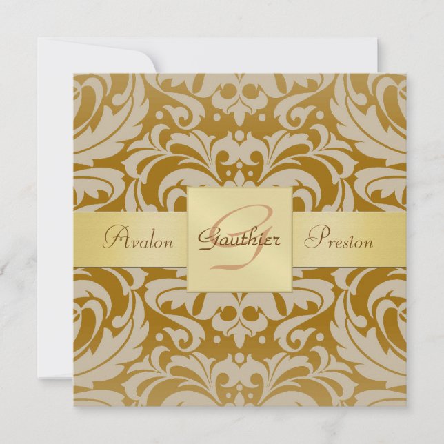 Invitation de ruban d'or de monogramme de damassé (Devant)