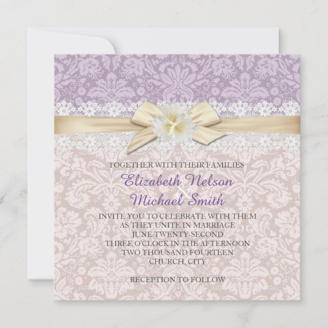 Invitation de ruban or Floral Lavender Mariage dam (Devant)