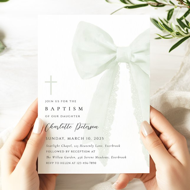 Invitation de Sage Green Bow Baptism (Créateur téléchargé)