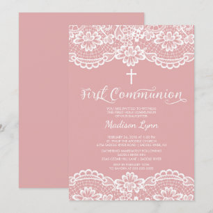 Invitation de sainte communion de dentelle de rose