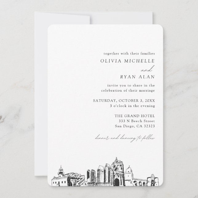 Invitation de San Diego Mariage élégante Skyline (Devant)