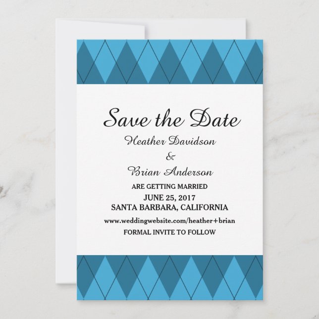 Invitation de sauvegarde de date Blue Argyle (Devant)