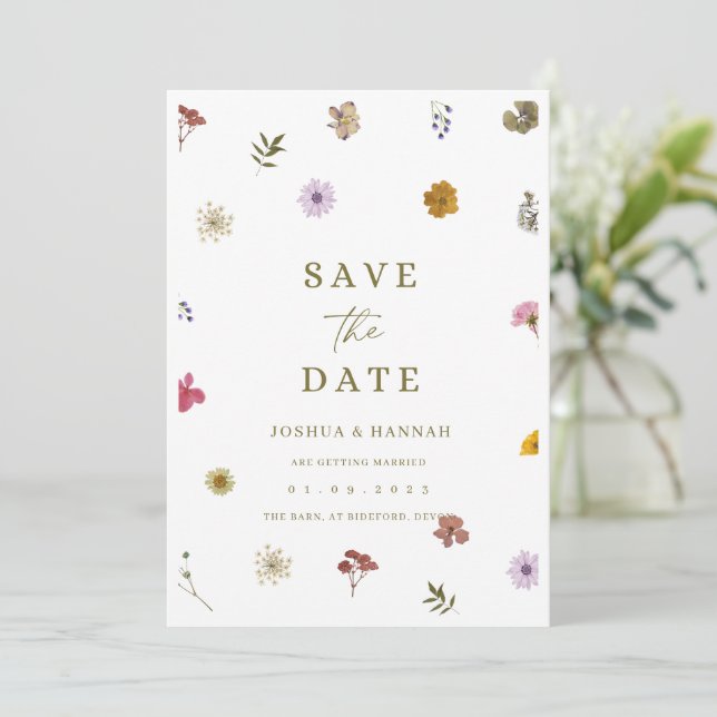 Invitation de sauvegarde de date de fleur pressée  (Debout devant)