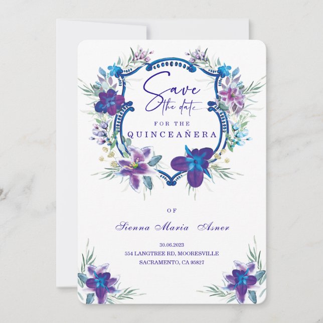 Invitation de Save the Date Quinceañera Violet (Devant)