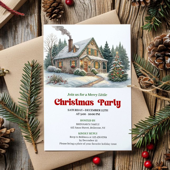 Invitation de scène de Noël tendance aquarelle cos (Trendy christmas scene invitation cozy watercolor

)