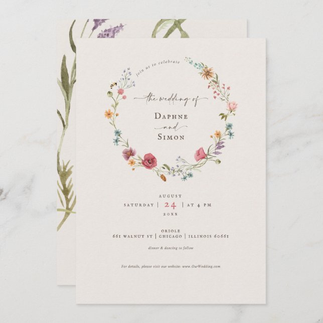 Invitation de script fleur sauvage Watercolor (Devant / Derrière)