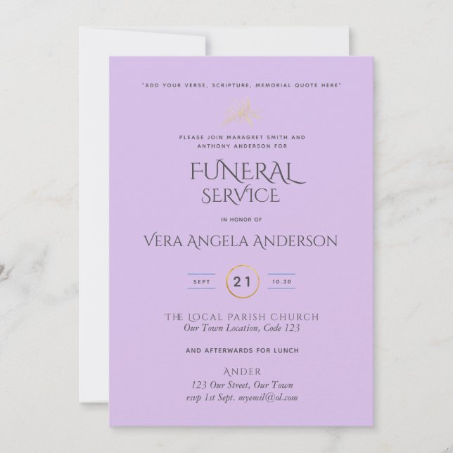 Invitation de service funéraire avec versets (Devant)